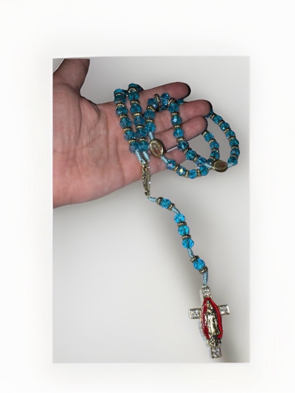 Blue Virgen de Guadalupe Beaded Rosary Necklace with Red Accents